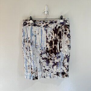 Kenar Pencil Skirt 14 100% Linen Watercolor White Blue Brown Career Casual